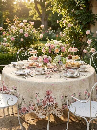 1pc Soft Pink Rose & Vintage Floral Damascus Print Tablecloth, Durable Polyester Tablecloth With Ruffle Edges, Stain-Resistant Waterproof Washable Wrinkle-Free Table Cover, Suitable For Various Occasions, Bridal Shower, Housewarming Party, Year-Round Home Decor, Essential Dining Table And Kitchen Dining Accessory, Home Decor Tablecloth, Kitchen Wedding Wedding Table Center Decor, Room Decor, Vintage Decor