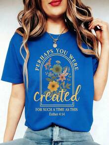 SHIMIDA Women'S Retro Christian T-Shirt- Floral Print God Made Me Awesome& Ephesians 2:10 Bible Verse, Light Beige Round Neck Short Sleeve Casual Top, Washable Religious Inspiration Clothing, Exclusive Spiritual Women,Women's Graphic Round Neck Short Sleeve Tee, Casual Daily Tops, St. Patrick's Day Easter Holiday Outfits - 藍色 - 查看 5