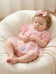 Baby Girl Summer Outfits Decorative Flower Bow Mesh Crew Neck Short Sleeve Romper Dress And Bow Headband 2 Pcs Set - 粉色 - 查看 4