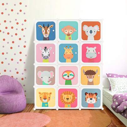  COSTWAY Portable 12-Cube Kids Wardrobe, Toy & Clothes Storage Organizer For Toddlers With 2 Hanging Rods, Cute Animal Doors, Modular Baby Closet For Kids' Bedroom, Playroom, Daycare Center, White