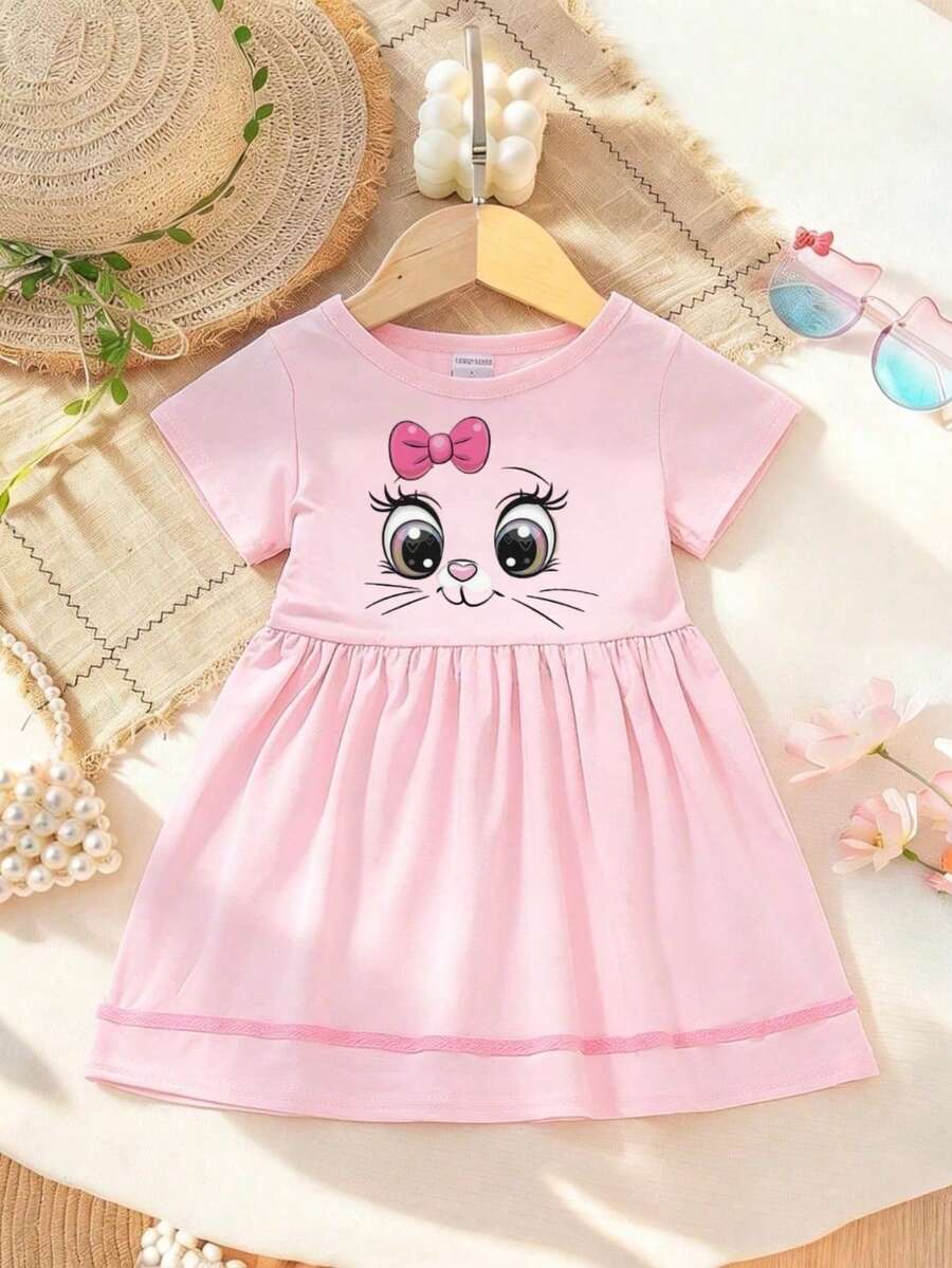 少女卡通印花短袖A字休闲连衣裙，日常穿着 - 粉色 - 查看 1