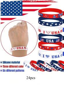 12/24 piezas Pulseras patrióticas del 4 de julio Bandera estadounidense roja, blanca y azul con estrellas Pulseras de silicona Pulseras de goma para el Día de la Independencia Regalos para fiestas - Día de la Independencia - Ver 7