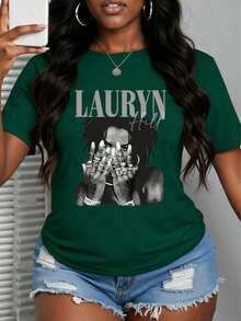 With Ring On Hand - 100% Cotton Women's T-Shirt Lauren Hill Letter Print Y2k Vintage Tee Casual Summer Plus Size Top - Niche Graffiti Prints Shirts - 墨綠色 - 查看 1