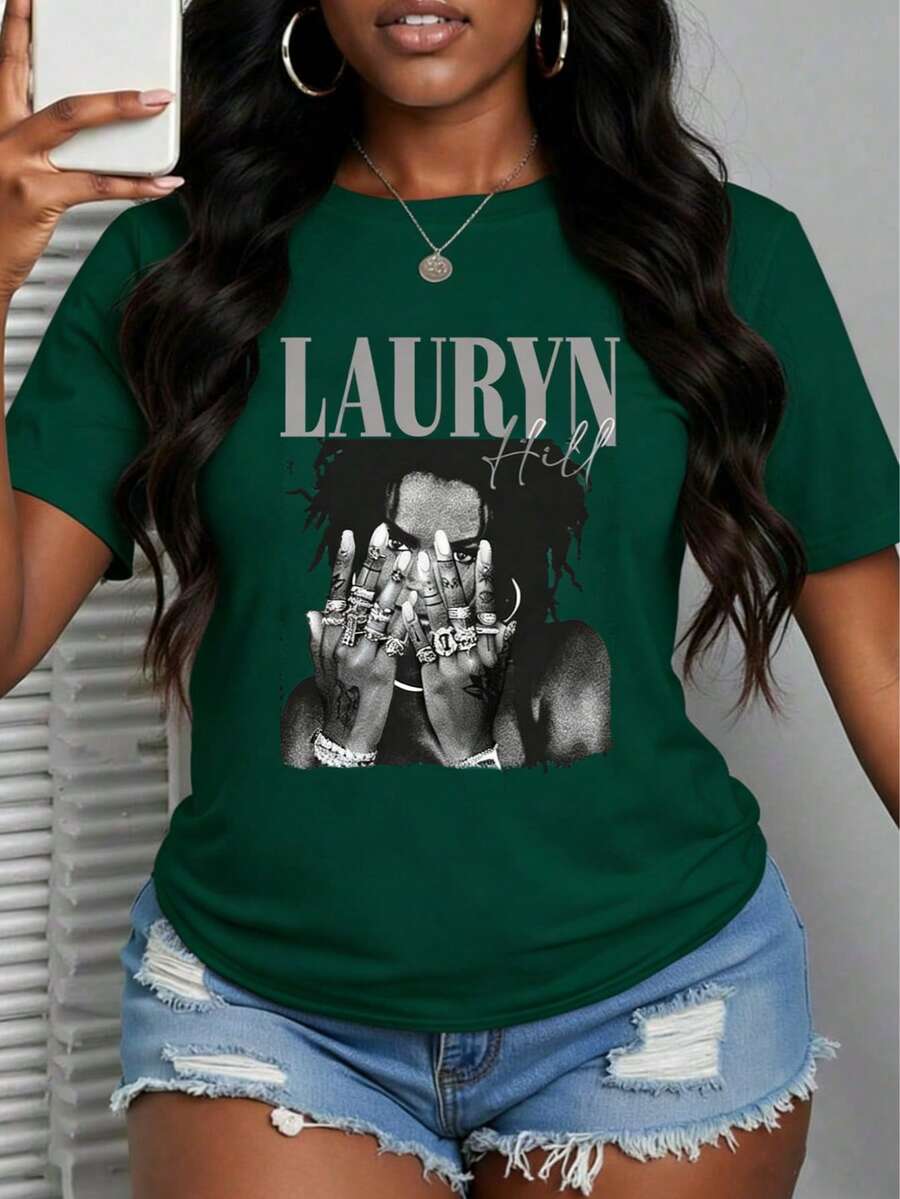 With Ring On Hand - 100% Cotton Women's T-Shirt Lauren Hill Letter Print Y2k Vintage Tee Casual Summer Plus Size Top - Niche Graffiti Prints Shirts - 墨綠色 - 查看 1