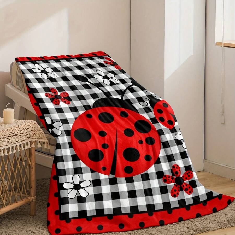 Cozy Ladybug Print Flannel Throw Blanket - Soft, Warm & Versatile For Couch, Office Bed, Camping & Travel - Multicolor - View 1
