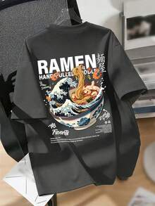Camiseta infantil com estampa de desenho animado do Kanagawa Ramen, tecido macio e confortável, ideal para esportes ao ar livre, uso diário, estilo urbano e universitário. Uma peça casual e moderna para meninos na primavera e no verão. - Cinza escuro - Ver 6