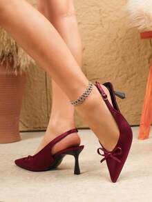 Sandales sexy à talons hauts pour femmes avec décoration nœud papillon, bride à la cheville, bout pointu, sandales rouges vin - Rouge foncé - Voir 3