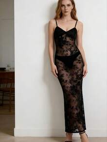 女士黑色优雅吊带蕾丝细节透视网纱褶皱修身长裙，2026春夏新款奢华正式晚宴礼服，适合婚礼宾客、毕业典礼、海滩度假及外出场合 - 黑色 - 查看 7