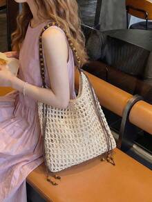 1 chiếc túi tote dệt thủ công bằng cotton, thoáng khí, có móc len, đính hạt cườm và tua rua, kiểu dáng Bohemian, có lớp lót vải, tạo cảm giác thoải mái, phù hợp đi làm hàng ngày, phong cách nghệ thuật trẻ trung, đi biển, dã ngoại. - Màu be - Xem 5