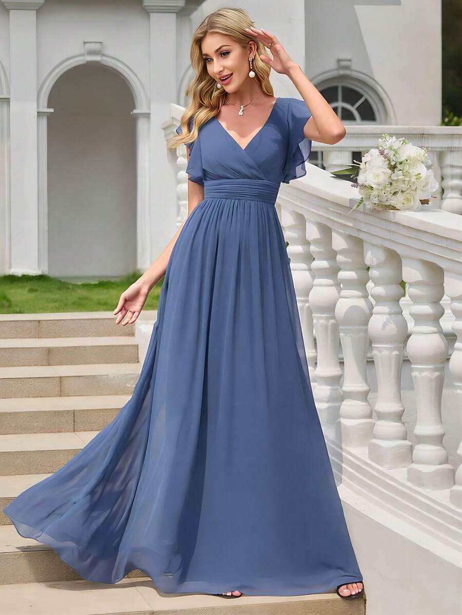 Vestido de dama de honor de gasa con cuello en V, fruncido y asimétrico, color gris azulado, vestidos formales de boda para ocasiones especiales