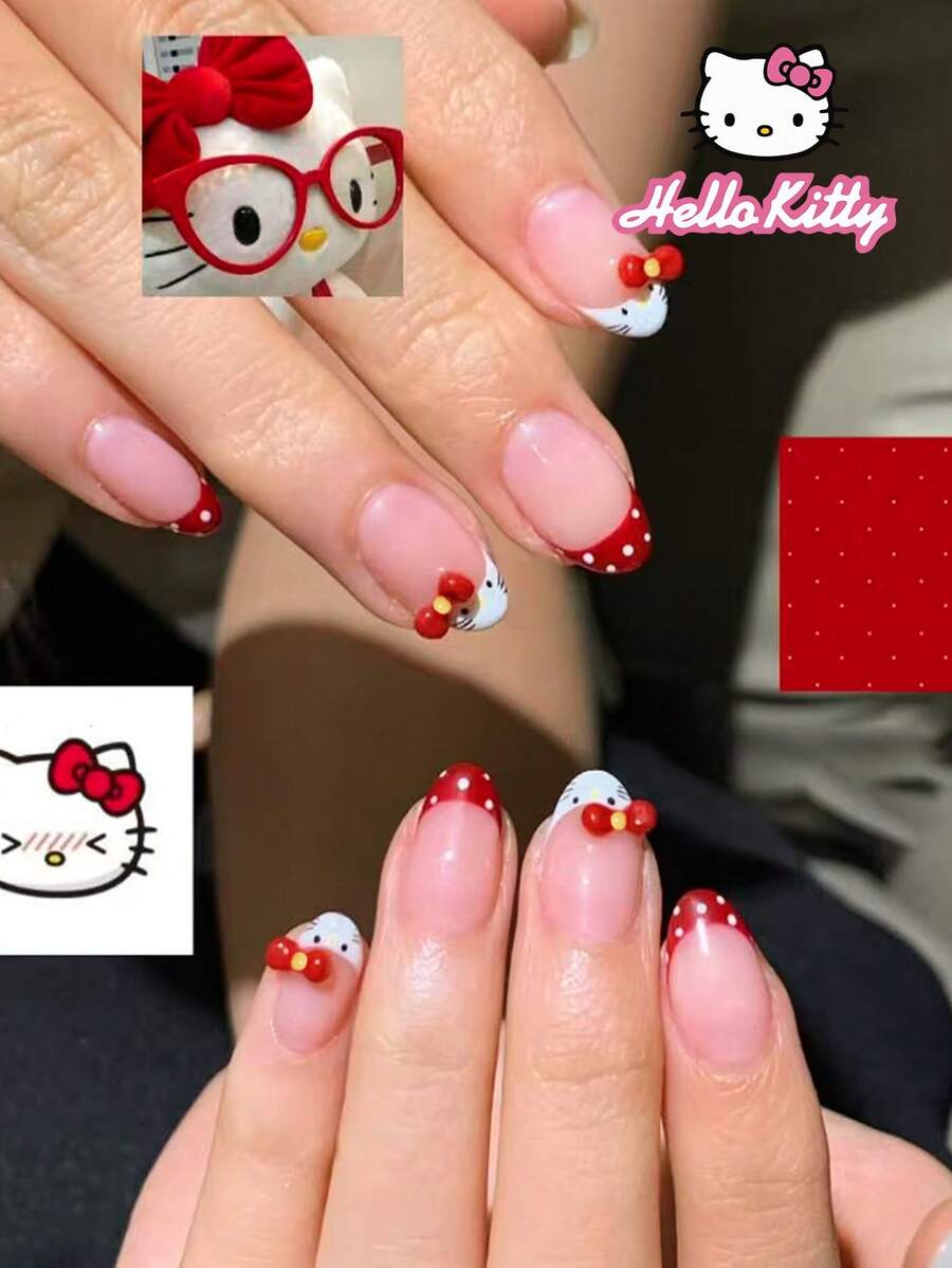 SANRIO 24片Y2K风格短款椭圆形白色和红色法式美甲贴片，带波点和3D蝴蝶结设计，粉嫩少女风，完美贴合亚克力假指甲套装，包含1支果冻胶和1个指甲锉，适合女性、女孩日常、派对和聚会使用。 - 彩色 - 查看 1