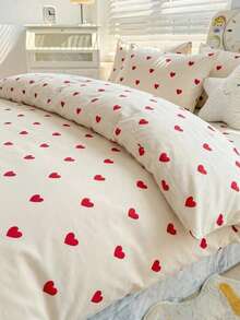 Cotton Blend Duvet Cover Set – Heart Pattern Bedding Set, Soft & Breathable With Red Hearts – Made In Turkey - White - View 1