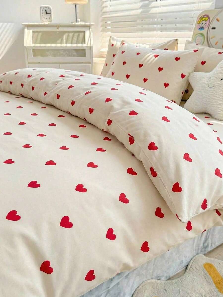 Cotton Blend Duvet Cover Set – Heart Pattern Bedding Set, Soft & Breathable With Red Hearts – Made In Turkey - White - View 1