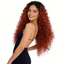 Tóc giả dài màu nâu đỏ ombre xoăn tít, kiểu lace front, 13x4x1, màu đen chuyển sang đỏ đồng, tóc tổng hợp, lace front trong suốt HD chân thực dành cho nữ, thích hợp cho tiệc tùng, cosplay, mặc hàng ngày, lễ hội và phong cách đường phố, sợi chịu nhiệt, không cần keo dán, dễ dàng đội lên. - Nhiều màu - Xem 3