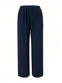 Women's Loose Drawstring Waist Wide Leg Pants, Lightweight Breathable Casual Trousers, Military Green, Summer Spring - Navy - View 3