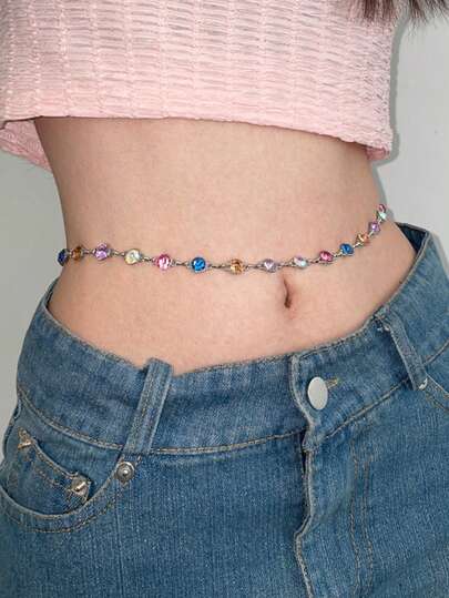 1条银色合金彩色水钻装饰腰链，女士款