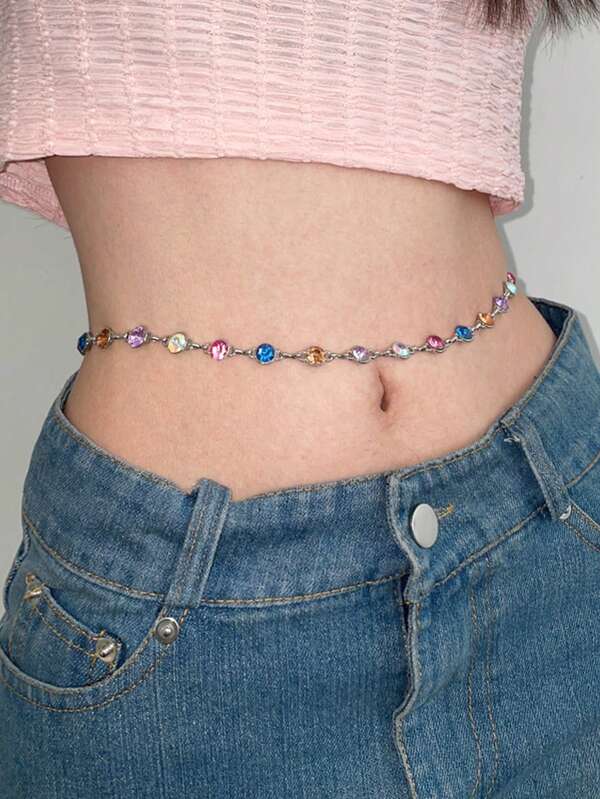 1 pieza Cadena para la cintura de aleación con tono plateado y decoración de rhinestones de colores para mujeres