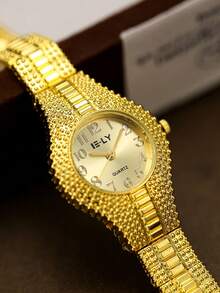 1pc Gold Women's Quartz Watch Fashionable Retro Exquisite Arabic Numeral Scale Suitable For Daily Matching Gifts - Gold - View 3