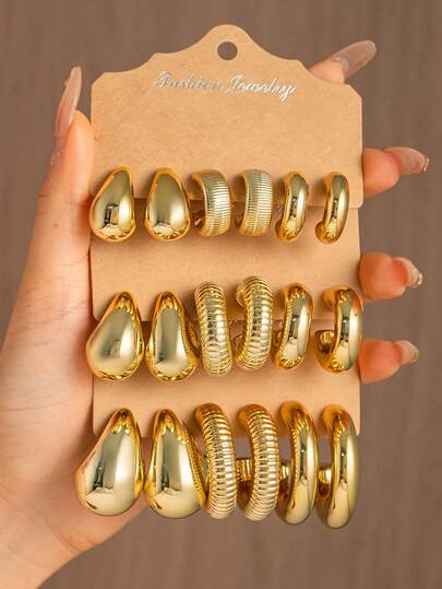 6-18pcs Gold-Tone European And American Style Teardrop, Textured C, Smooth C Hoop Earrings Set, Suitable For Daily Wear And Festivals, Can Be Gifted To Mothers And Best Friends