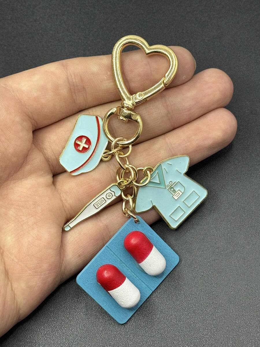 Nurse Keychain With Charms, Cute Medical Enamel Key Ring, Heart-Shaped Gold Charm For Car Keys & Backpacks, Perfect Nurse Appreciation Gift - Mint Blue - View 1