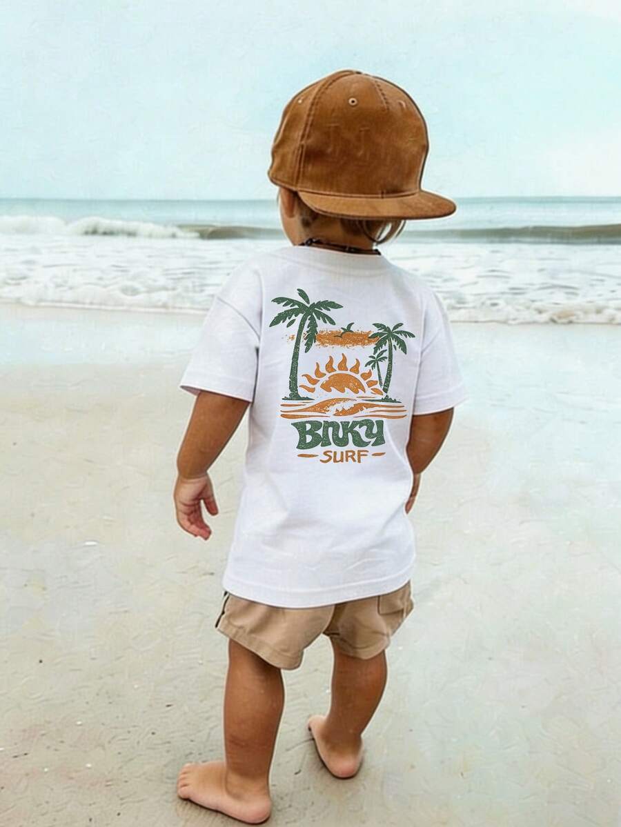 1pc Infant/Toddler Boys' Creative Cartoon Graphic Letter Slogan Print Basic Crew Neck Short Sleeve T-Shirt, Casual & Fashionable - White - View 1
