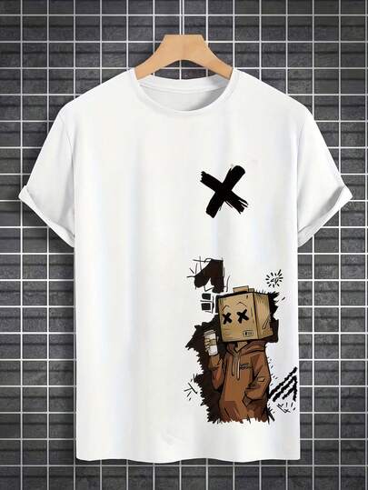 XX品牌卡通眼睛印花短袖涂鸦风格图案T恤，男士圆领休闲装