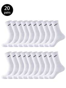 1/6/10/15/20 Pairs Men's White Solid Color Mid-Calf Breathable Versatile Socks - White - View 13
