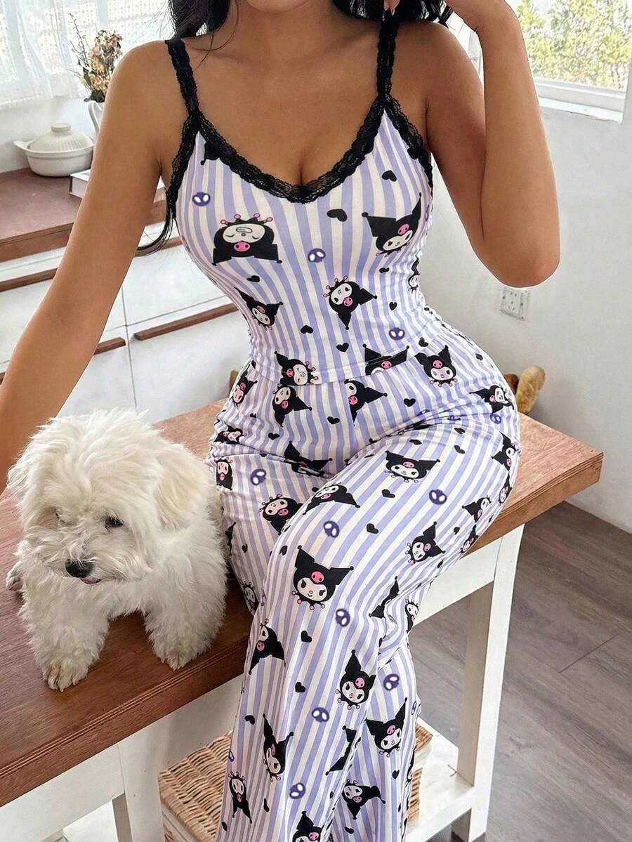 SANRIO 两件套 Hello Kitty 图案女士睡衣套装，柔软吊带背心和长裤睡衣，可爱舒适的家居服 - 紫色 - 查看 1