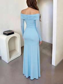 DOUCIU 透明袖露肩蝴蝶结鱼尾修身连衣裙，优雅适合派对、生日等场合 - 藍色 - 查看 5