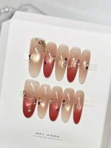 10pcs Handmade Nails Oval Nails Acrylic Press On Nails Long, Gentle Champagne Red Nails, Flashy Cateye, Handpainted Irregular Lines Nail Gems Small Rhinestone Diamond Star Inlaid, Edgy Elegant Simple Spring Fake Nails, Summer Nails, Party Daily & Dating Use Beach Tropical Getaway Suitable,DIY False Nail Art Suitable For Women & Girls As Gift Nail Supplies - Multicolor - View 2