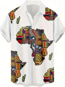 Camisa de hombre de manga corta casual de verano con estampado 3D del continente africano que simboliza la unidad, la diversidad, la herencia y el orgullo cultural - Blanco - Ver 4