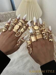 20/15/10/3pcs Vintage Elegant Casual Bohemian Style Women Metal Rings Set, Includes Baroque Asymmetric Ruffle Asymmetric Pearl Hollow Heart Geometric Water Drop Multi-Element Combination Metal Rings Suitable For Women's Daily, Party, Wedding, Holiday, Valentine's Day, Date Wear, Gift (Random Delivery) - Gold - View 12