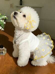 一件雏菊印花薄纱宠物连衣裙，配同色黄色蝴蝶结发夹；白色针织无袖狗狗猫咪服装，适合幼犬和幼猫；甜美公主风宠物套装，黄色滚边，适合中小型犬猫；轻盈透气的夏季宠物连衣裙，适合日常穿着和拍照；生日礼物、情人节礼物、复活节礼物、圣诞节礼物，送给朋友、男友、女友、家人、老师、同事的礼物。 - 彩色 - 查看 6