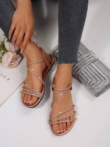 Rhinestone Strap Elastic Back Flat Sandals, Women's Summer New Round Toe Sparkling Jewel Fairy Style Outdoor Beach Slippers - Champagne - View 3