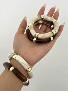 4pcs/Set Vintage Minimalist Elegant Resin Acrylic Brown Elastic Bracelet Set For Women, Suitable For Daily, Party, Valentine's Day, Dating, Holiday Gift, Stackable, 2026 New Arrival - Multicolor - View 7