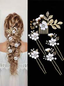 5pcs Elegant Bridal Wedding Crystal Metal Leaf Flower Hair Clips - Shiny Hair Accessories Suitable For Bride And Bridesmaids,Summer,Holiday,Travel, Bun Extension - Multicolor - View 11