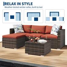 5-Piece Outdoor Sectional Sofa Set, All-Weather PE Rattan Patio Furniture With Ottoman & Tempered Glass Table, Convertible Garden Couch For Backyard, Porch, Poolside - Nâu/Đỏ rượu vang - Xem 8