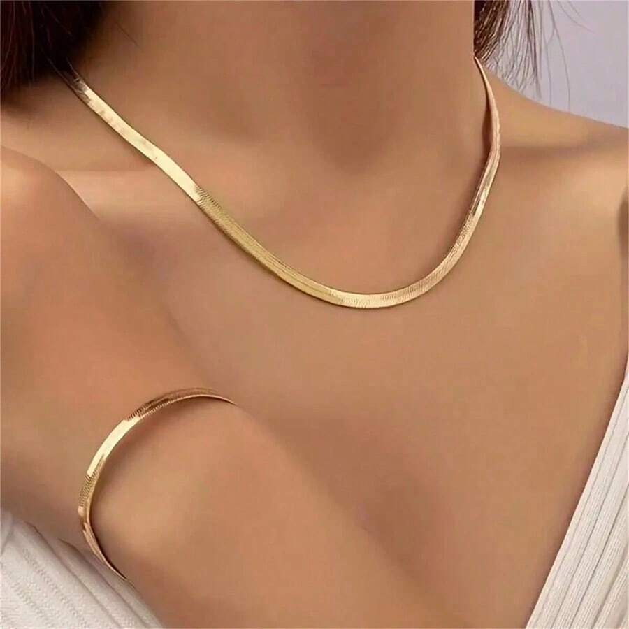2 peças/Conjunto Colar e Pulseira Simples Dourado Banhado a Ouro com Corrente de Cobra Sexy para Mulheres, Material de Liga, Adequado para Uso Diário, Acessórios do Dia dos Namorados - Dourado - Visão 1