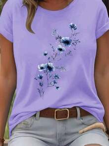 Summer TopsWomen's Elegant Floral Print Round Neck Short Sleeve T-Shirt, White With Blue Flowers, Versatile Casual Tee For All Seasons SummerLoose And - 淡紫色 - 查看 9