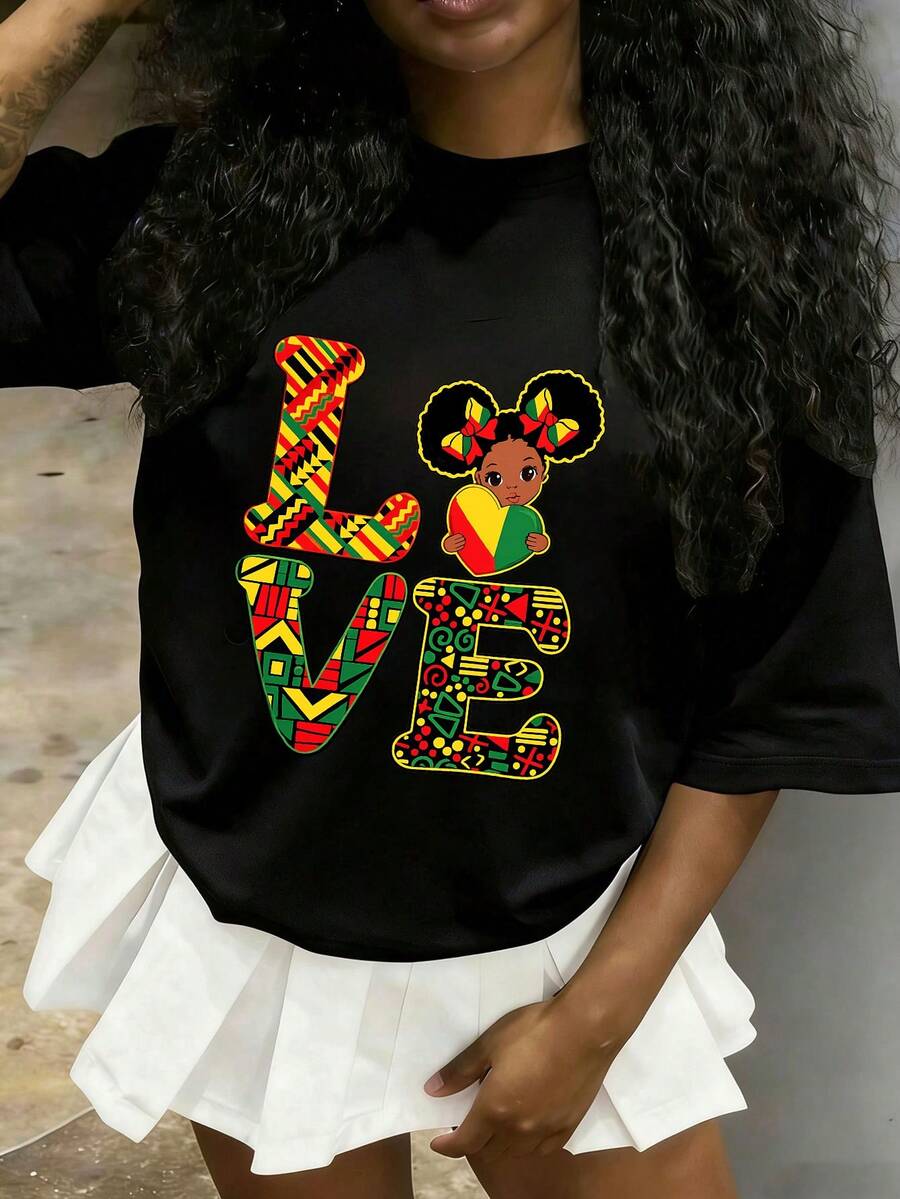 Girls & Teenagers Students Casual Printed Black Crew Neck Short Sleeve T-Shirt Top, Summer - 黑色6 - 查看 1