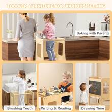 COSTWAY 3-In-1 Foldable Kitchen Standing Tower For Toddlers, Montessori Toddler Step Stool W/ Chalkboard, Weaning Table, Stool & Safety Rail For Bathroom & Kitchen Counter, Natural - Apricot - View 8