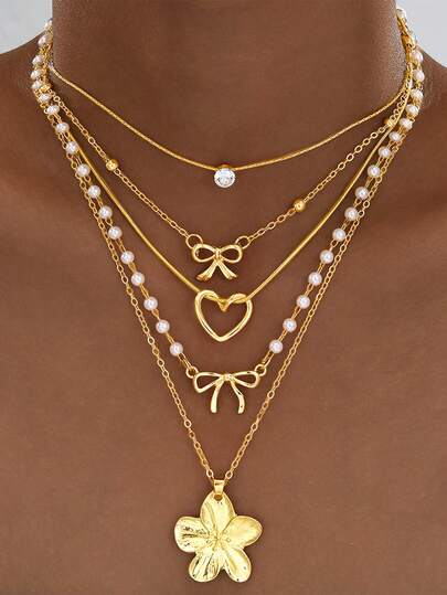 Set de 5 piezas. Collar con colgante en forma de corazón con diseño multicapa personalizado. Adecuado para uso diario, fiestas o regalos de festivales.