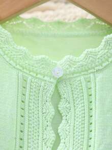 Cardigan Rajut Warna Polos Elegan Bermotif Bunga Renda Berongga untuk Anak Perempuan, Cocok untuk Semua Musim atau Hadiah Idul Adha - Mint Green - View 3