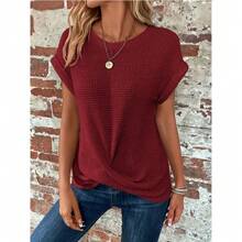 Women's Beige Waffle Knit Round Neck Dolman Short Sleeve Twist Front Hem Casual Top Minimalist Streetwear - 酒紅色 - 查看 12