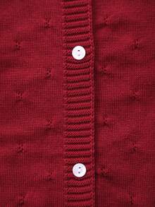 Baby Girl Knitted Round Neck Perforated Solid Color Cardigan - Burgundy - View 3