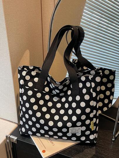 Korean Style Polka Dot Canvas Tote Bag, Large Capacity Shoulder Bag For College Students And Commuting, Versatile And