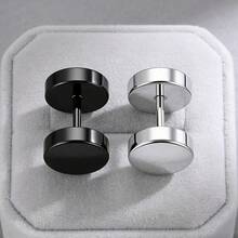 Pendientes de barra de acero de titanio negro, pendientes de mancuerna redonda de estilo hip hop y rock con tornillo - Plateado - Ver 5