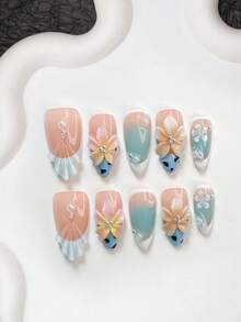 Set de 10 piezas de arte de uñas de estilo de vacaciones en la playa, que incluye kit de uñas de gel, decoración de uñas con flores de 5 pétalos rosadas degradadas pintadas a mano, perlas blancas, patrón de olas sólidas pintado a mano, estampado floral de 5 pétalos blancos, decoraciones de uñas con estampado de leopardo negro, con herramientas para uñas (1 pegatina de gelatina + 1 lima de uñas). Disponible en formas de almendra, pico de pato y ataúd, adecuado para fiestas, uso diario, sesiones de fotos, oficina y un regalo ideal para damas o mujeres jóvenes - Multicolor - Ver 13