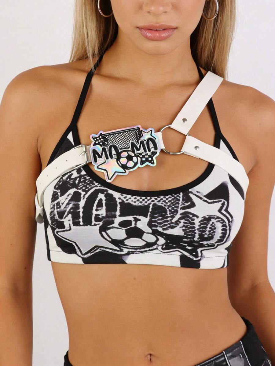 1 chiếc dây đeo ngực bằng da PU màu trắng dễ thương, cá tính với hình thêu chữ 'MAMA' kiểu bóng đá ba chiều - Dây đeo toàn thân phong cách E-Girl cho trang phục lễ hội. - trắng - Xem 1