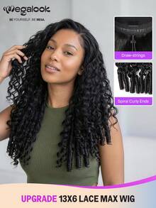 MEGALOOK 13x6 Water Wave Burmese Curly Wig Upgrade 13x6 Three-Go™ Glueless Wig With Finger Coil Ends All In 1 3D Lace Half Wig Water Wave Wig 100% Human Hair Pre Cut Lace Front Pre Bleached & Pre Plucked Natural Hairline Tiny Knots Easy Wear With Drawstring Breathable Cap - SNatural - View 3